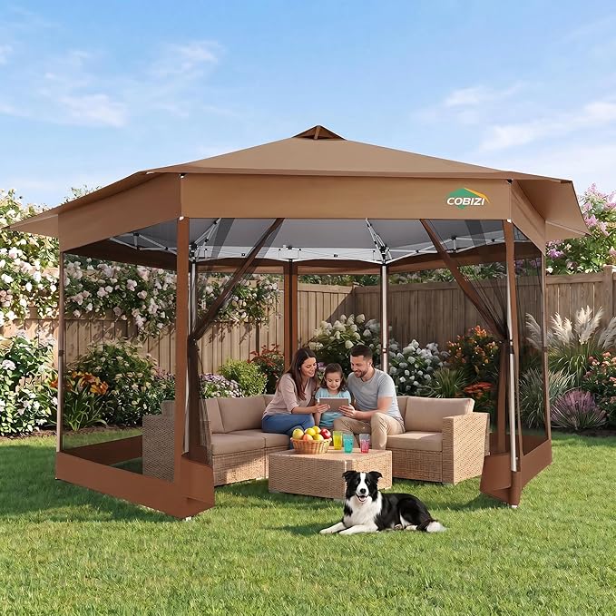 COBIZI 16x16 Pop Up Gazebo Tent with Mosquito Netting, Gazebos on Clearance, Hexagonal Outdoor Canopy Shelter, Patented Center Lock 6-Sided Portable Gazebos, Pop Up Canopy Tent for Backyard, Brown