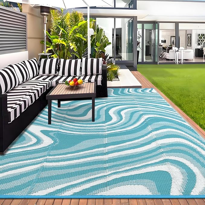 Garvee Large Modern Outdoor Rug 9x12 Patio Rugs Outdoor Waterproof Reversible Plastic Straw Camping Rug, Abstract Outside Rugs for Picnic Backyard Deck Balcony Porch Beach Trailer, Light Blue