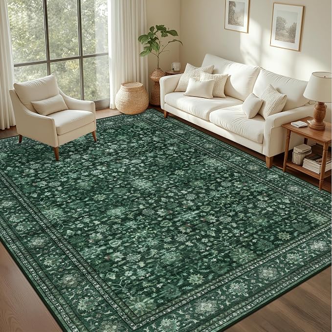 5x7 Area Rugs Living Room: Washable Rug for Bedroom Deep Green | Boho No Slip Stain Resistant Rug Soft Indoor Decor Floor Floral 5x7 Area Rugs for Dining Room, Nursery, Hallway, Home Office