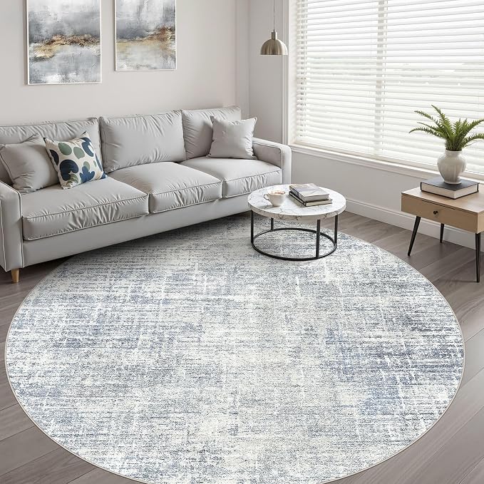LOONGRUG Round Rug 7x7 Washable Neutral Modern Rug for Living Room Blue | Circle Large Abstract Soft Stain Resistant Indoor Non-Slip Carpet for Bedroom Nursery Kids Office Playroom Dining Room