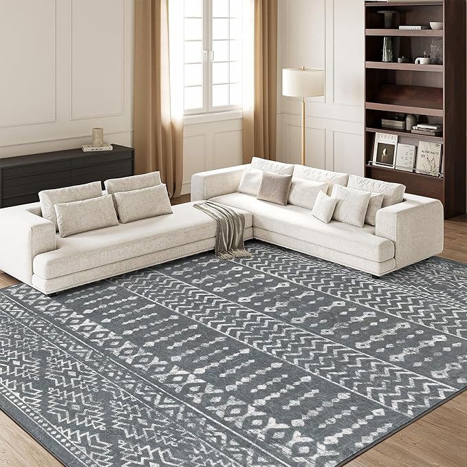 Art&Tuft Washable Rugs 8x10, Area Rugs for Living Room, Grey | Low Pile, Soft & Lighweight, Folable, Stain Resistant Indoor Floor Mat Moroccan Carpet for Bedroom, Dining Room, Home Office