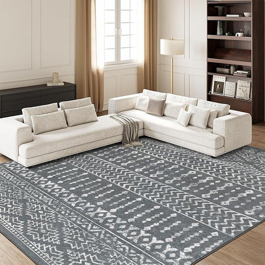 Art&Tuft Washable Rugs 8x10, Area Rugs for Living Room, Grey | Low Pile, Soft & Lighweight, Folable, Stain Resistant Indoor Floor Mat Moroccan Carpet for Bedroom, Dining Room, Home Office