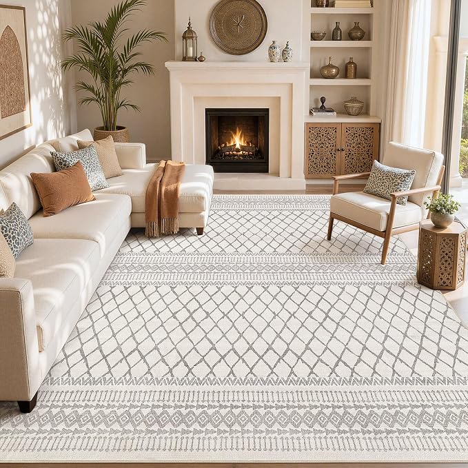 cotiled Boho 10x14 Area Rug for Living Room: Large Moroccan Washable Rug | Solve Modern Neutral Trendy Home Decor - Stain Resistan Carpet for Bedroom Farmhouse Beige Gray
