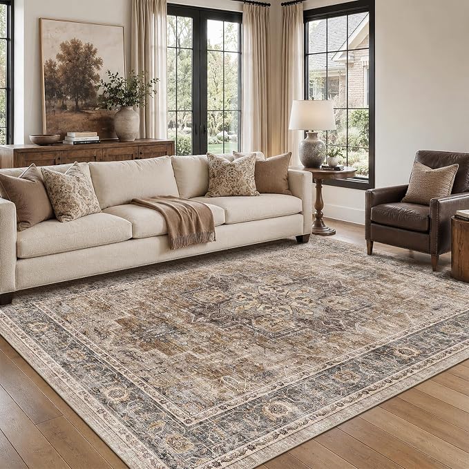 6x9 Area Rug for Living Room Soft Washable Vintage Boho Area Rug | Non-Slip, Retro Print, Low Pile, Stain Resistant, Soft Washable Brown Carpet, for Bedroom, Dining Room, Nursery, Home Office