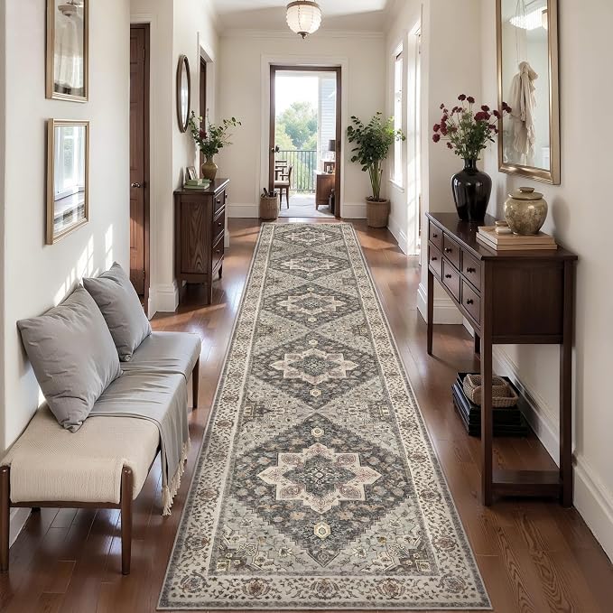 Tangsoo 2.6x14 Hallway Runner Rugs, Washable Runner Rug Non Slip Farmhouse | Vintage Soft Low Pile 14ft Long Rug Runner, Oriental Print Indoor Carpet Runners for Kitchen Bedroom Living Room Grey Decor