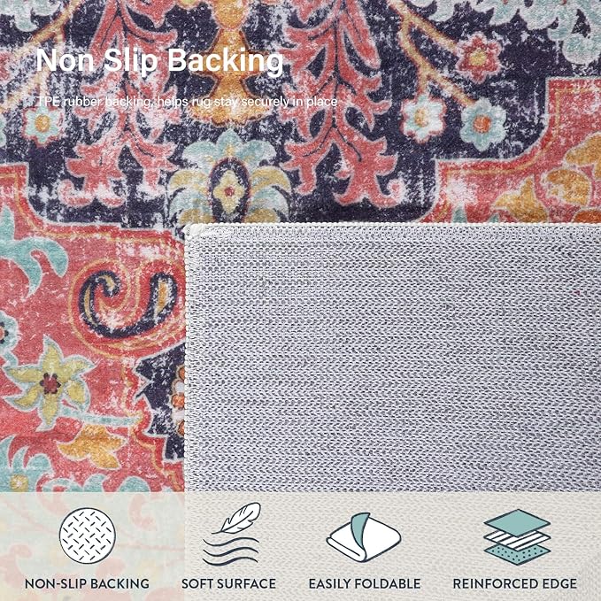 Lahome Reine 6x9 Area Rugs Machine Washable Area Rugs for Living Room, Non Slip Dining Room Rugs for Under Table, Large Bohemian Vintage Non Skid Indoor Carpet for Bedroom Home Office(6x9ft,Fuchsia)