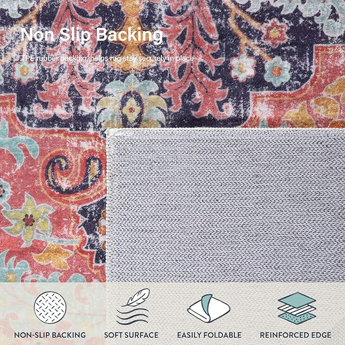 Lahome Reine 5x7 Boho Living Room Rug Colorful Bedroom Rug, Large Bohemian Nursery Rugs, Hot Pink Non-Slip Machine Washable Soft Playroom Mat Indoor Floor Accent Carpet for Dining Table Mud Room