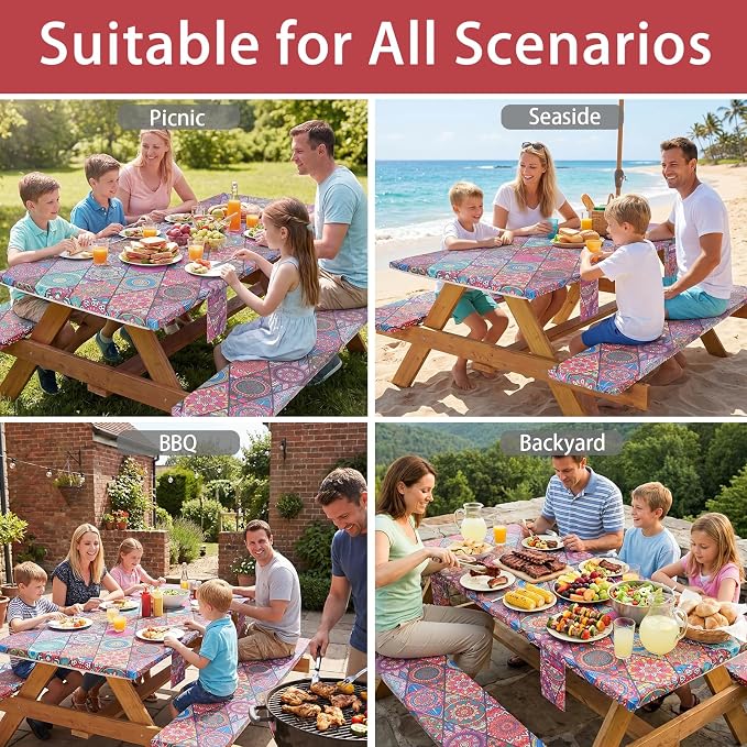 Jobunai Picnic Table Cover with Bench Covers Fitted Wrinkle Free Camping Table Cloths Hiking Glamping Supplies Travel Trailers Cooking Essential Holiday Festival Decor Gifts for Adult Who Want Nothing