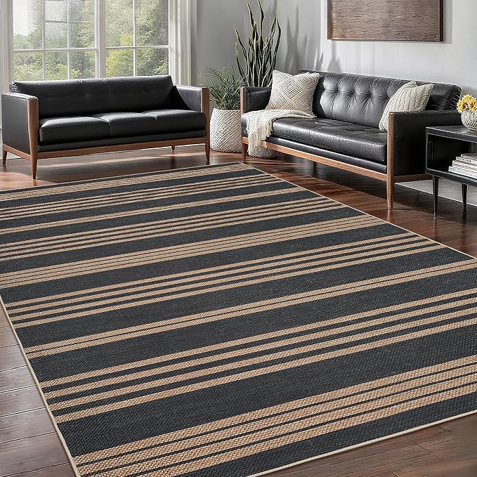 Garvee 5x7 Area Rugs Easy Jute Washable Rugs Living Room, Black & Brown | Modern Line Print Area Rug Stain Resistant Easy Cleaning Throw Rugs Non Shedding Low Pile Floor Cover for Nursery Dining Room