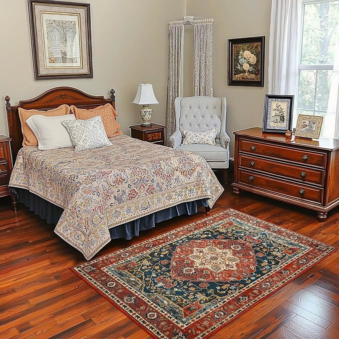 YJ.GWL Area Rugs for Living Room 3x5 Machine Washable Rugs for Bedroom, Non Slip Floral Vintage Rug Indoor Carpet, Small Floor Throw Rug for Dining Room Kitchen, Orange-Red