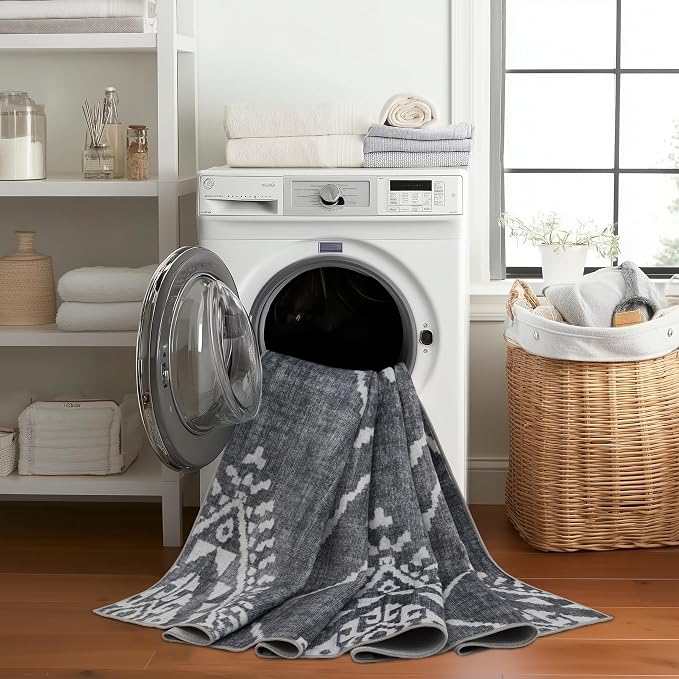 Machine Washable Area Rug - Living Room Bedroom Bathroom Kitchen Entryway Office - Non-Slip Crease Free Stain Resistant Premium - Moroccan Diamond Tribal- Jax - Gray- 2'x 3'