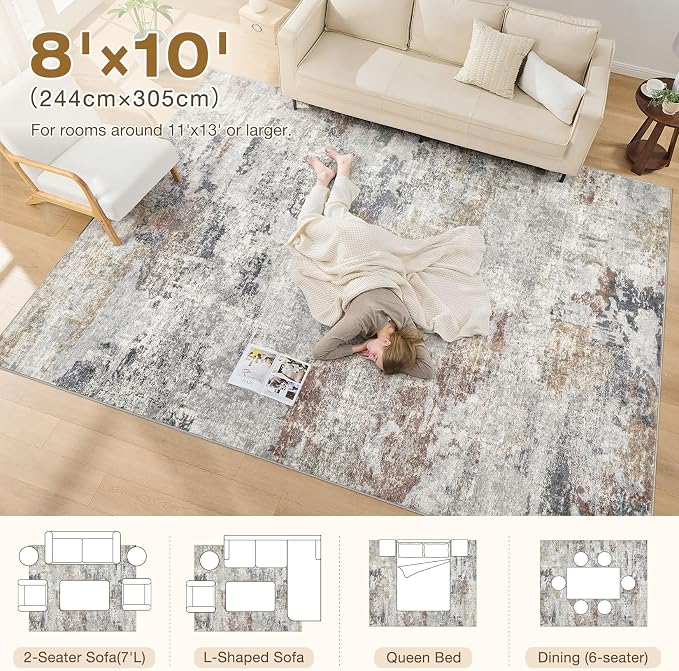 DMOYEST 8x10 Area Rug for Living Room Washable Abstract Indoor Carpet | Neutral Modern Low Pile Rugs Kid & Pet Friendly Large Soft Thin Carpet for Bedroom Dining Room - Grey/Orange/Yellow