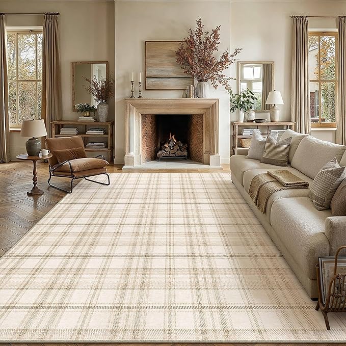 10x12 Beige Plaid Living Room Area Rug | Low Pile, Modern, Neutral, Soft, Non Slip, Large Rug for Bedroom Dining Room Nursery Office Indoor Home Decor