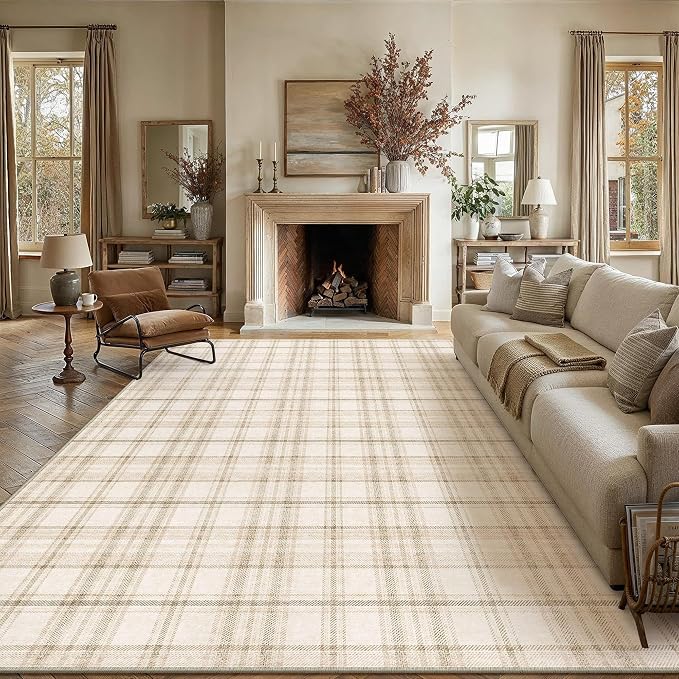 7x10 Beige Plaid Living Room Area Rug | Washable, Low Pile, Modern, Neutral, Soft, Non Slip, Rug for Bedroom Dining Room Nursery Office Indoor Home Decor