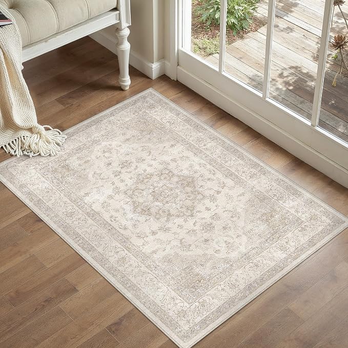 Beige 2x3 Washable Area Rug Vintage Oriental Medallion Doormat | Soft Low Pile, Non Slip, Stain Resistant, Neutral Retro Decor for Enyrtway, Kitchen, Living Room, Bedroom, Kids Room
