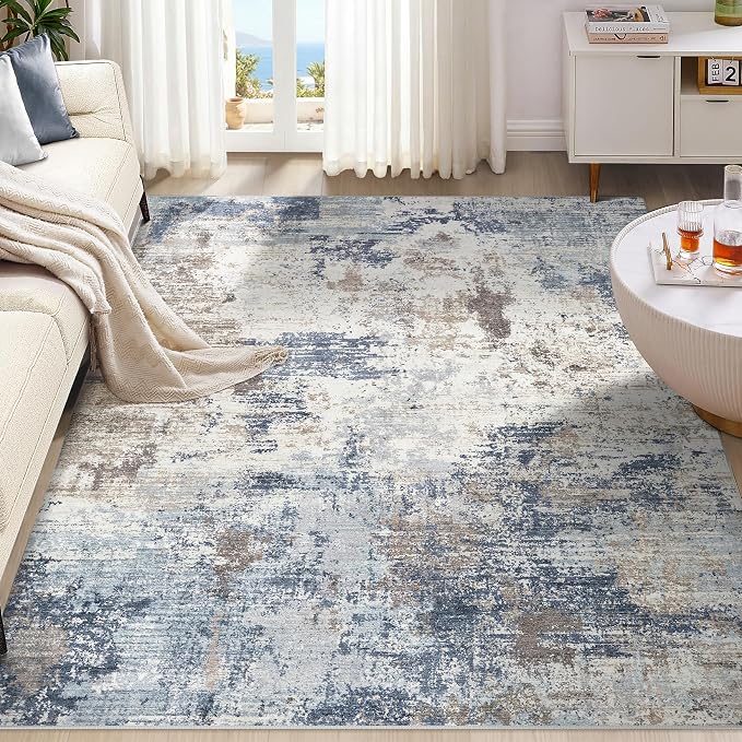 UERMEI 9x12 Area Rug Living Room Rugs - Washable Neutral Modern Abstract Soft Thin Large Rug Indoor Floor No Slip Rug Carpet for Bedroom Under Dining Table Home Office Decor- Denim Blue