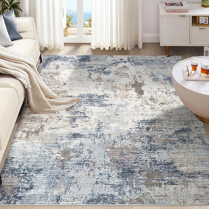 UERMEI 9x12 Area Rug Living Room Rugs - Washable Neutral Modern Abstract Soft Thin Large Rug Indoor Floor No Slip Rug Carpet for Bedroom Under Dining Table Home Office Decor- Denim Blue