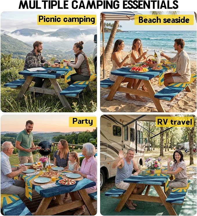 Picnic Table Cover with Bench Covers Tablecloth Fitted Table Cloth Set Camping Essentials Tools Supplies Rv Travel Accessory Gear Outdoor Road Trip Necessities Gadgets Camper Gadgets Things Ideas Kit