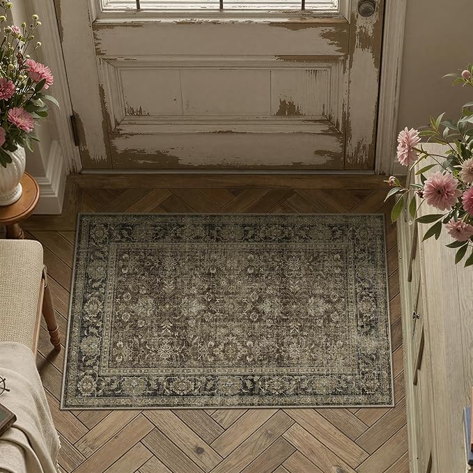 2x3 Taupe Brown Vintage Area Rug | Washable, Non Slip, Soft Low Pile, Distressed Farmhouse, for Entryway Kitchen Bathroom Living Room Bedroom Indoor Home Decor