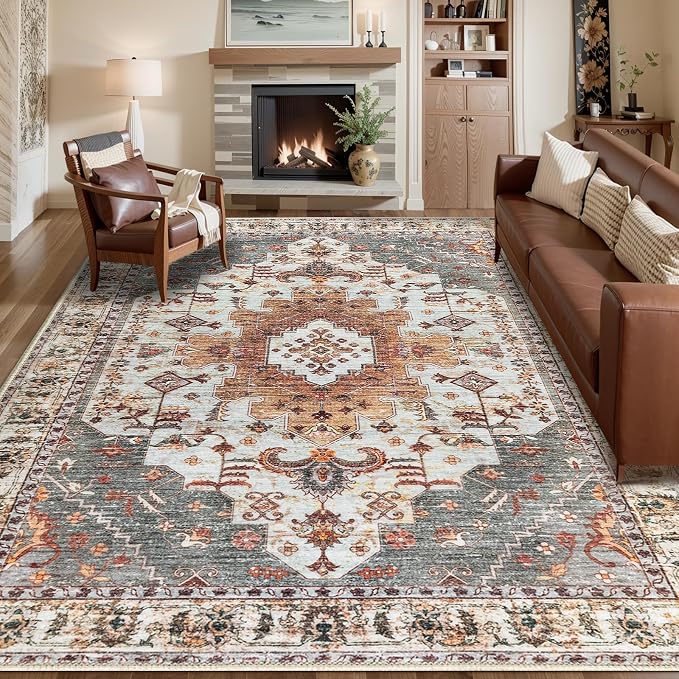 Tangsoo 5x7 Washable Area Rugs for Living Room, Vintage Indoor Non Slip Rug | Oriental Large Print Distressed Carpet, Farmhouse Soft Low Pile Foldable Floor Rugs for Bedroom Dining Room Office Turmeric