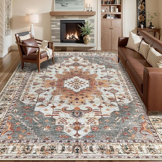 Tangsoo 5x7 Washable Area Rugs for Living Room, Vintage Indoor Non Slip Rug | Oriental Large Print Distressed Carpet, Farmhouse Soft Low Pile Foldable Floor Rugs for Bedroom Dining Room Office Turmeric