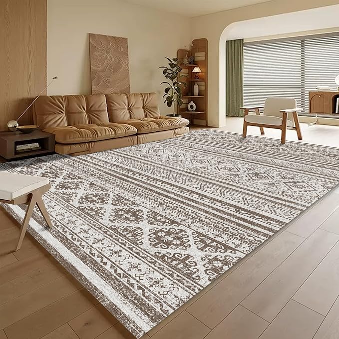 Washable Area Rugs 5' x 7' - 1/6 Thick - Moroccan-Inspired -Stain & Water Resistant Non-Slip - Resistant Rug for Living Room, Bedroom, Nursery, Pet & Child Friendly (Brown)