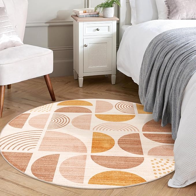 Round Rug 4ft Small Circle Area Rug Washable Non Slip Modern Abstract | Circular Rugs for Entryway Bedroom Kitchen Boho Throw Carpet Soft Low Pile Floor Indoor Bohemian Orange