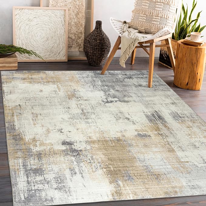Machine Washable Area Rug - Living Room Bedroom Bathroom Kitchen Entryway Office - Padded Low Pile Stain Resistant Premium - Modern Abstract Contemporary - Quinn - Beige 7'6" x 9'6"