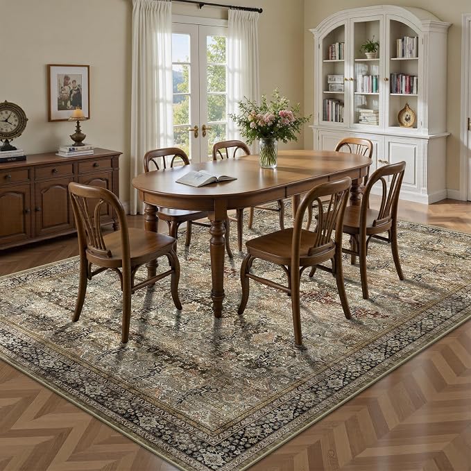 6x9 Area Rugs - Washable Vintage Retro Living Room Rug, Soft Ultra Thin Non Slip Low Pile Traditional Distressed Boho Carpet for Bedroom Dining Room Nursery Home Office, Charcoal Olive