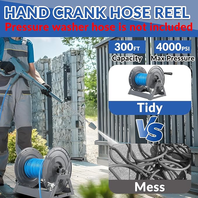 FIXFANS Pressure Washer Hose Reel, 300FT x 3/8" or 500FT x 1/4" Heavy Duty Hose Reel, Manual Crank Power Washer Hose Reel with M22 Fitting, Wall/Floor/Truck Mounted, 4000 PSI