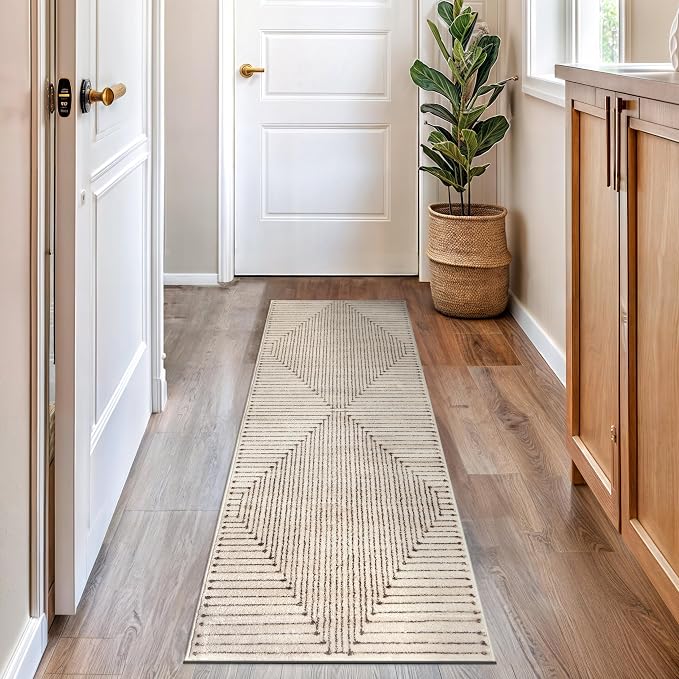 Rugshop Abstract Line Pattern Neutral Decor Runner Rug Beige 2' 3" x 8' | Size 2' 3" x 8', Living Room, Bedroom, Dining Room, Home Office, Kitchen, Entryway, Hallway, Nursery, Kids Room, Guest Room