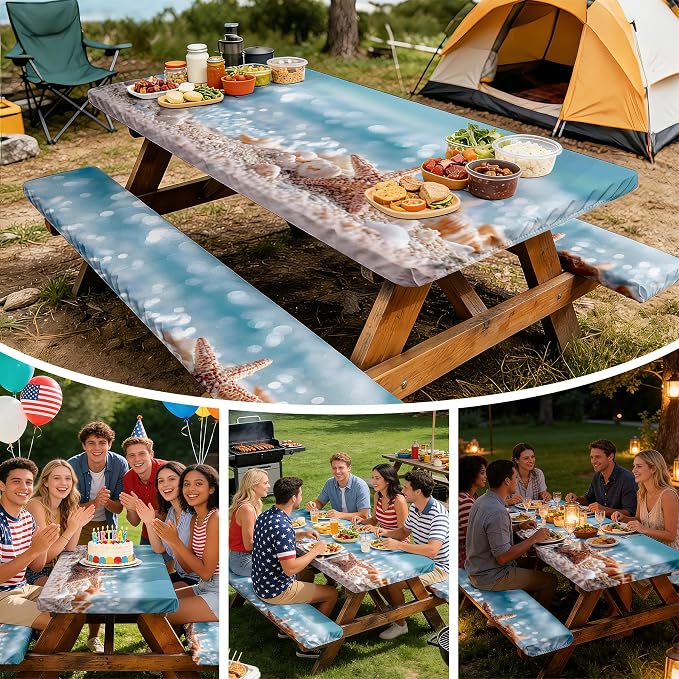 NYZE 3 Pieces Picnic Table Cover with Bench Covers Set, Camping Tablecloth, Tablecloth Cover with Drawstring Bag, Camping Essentials for Outdoor Picnics, Patio, BBQ (Starfish Beach)