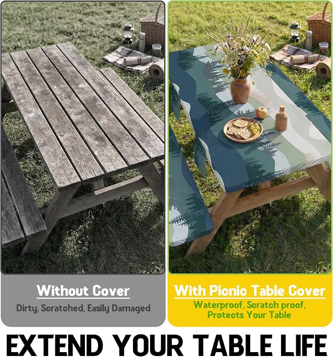 Picnic Table Cover with Bench Covers Waterproof Elastic Rectangle Tablecloth Camping Essentials Supplies Rv Car Travel Must Haves Gear Accessories Fitted Table Cloth Outdoor Road Trip Camper Gifts 8ft
