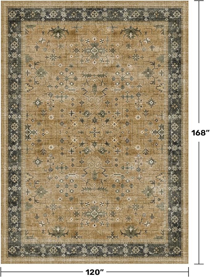 Vintage 10x14 Living Room Rug, Oriental Large Area Rug for Dining Room Under Table, Washable Rustic Brown and Charcoal Olive Low Pile Bedroom Carpet, Non-Slip Stain Resistant