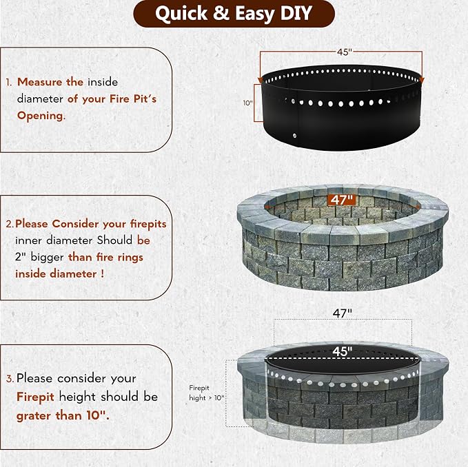 FEBTECH - 45" D Outdoor Fire Ring Liner - Steel Smokeless Firepit Insert | Heat Resistant Coated Fire Ring for DIY In-Ground or Above-Ground Setups, Bonfire Nights, Backyard Gatherings & Camping