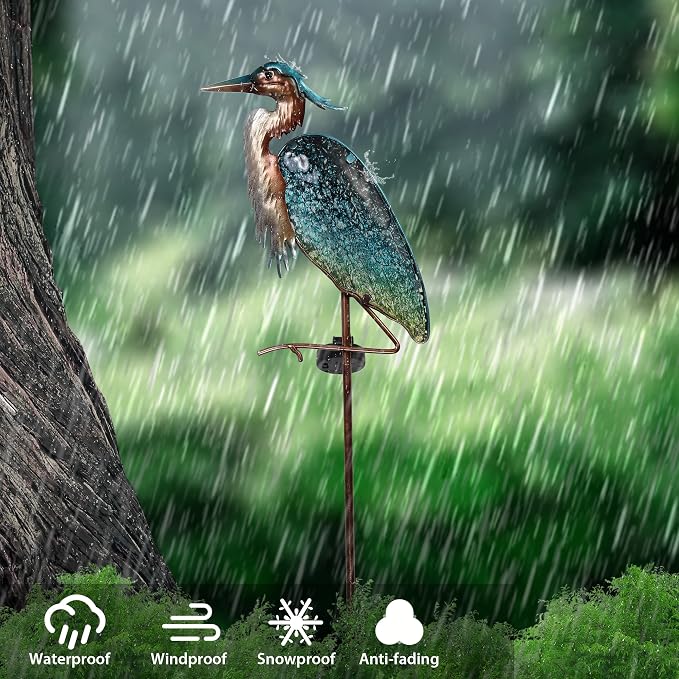 TERESA'S COLLECTIONS Blue Heron Garden Decor for Outside, Glass Solar Lighted Lawn Ornament for Yard Art, Weatherproof Decorative Stake for Patio Outdoor, 39 Inch