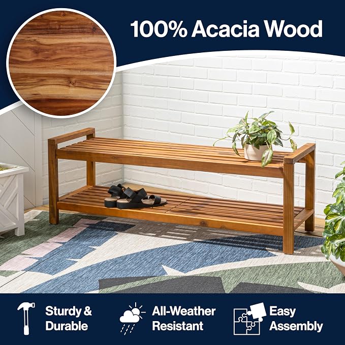 JONATHAN Y Blane 51" Solid Acacia Wood Backless Outdoor Bench with Shoe Storage Shelf, Minimalist Slatted Entryway and Patio Seating, Heavy-Duty 600 lbs Capacity, Teak Finish BNH102A