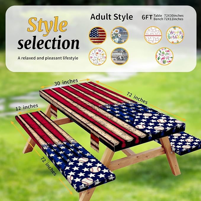 Picnic Table Cover with Bench Covers Elastic,Fitted Table cloths for Rectangle Tables 6 Foot Washable,Waterproof Tablecloth for Outdoor Camping Essentials Accessories(6 Foot,American Baseball)
