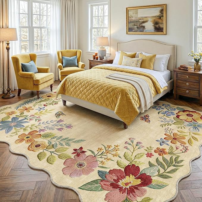 FMFUNCTEX 10x14 Washable Beige Floral Scalloped Area Rug for Living Room | Boho Vintage Flower Colorful Traditional Cream Soft Non Slip Low Pile Large Indoor Thin Carpet Bedroom Dining Room Nursery