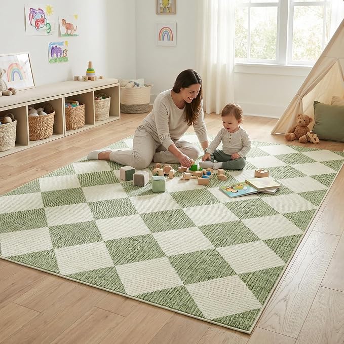 GarveeHome 4x6 Modern Checkered Area Rug Sage Green Washable Bedroom Rug | Soft Low Pile Non Slip Diamond Floor Mat Plaid Print Throw Rug Indoor Carpet for Nursery Room Dining Room Playroom