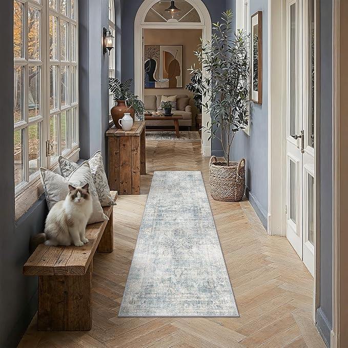 2x6 Blue Vintage Runner Rug | Washable, Non Slip, Soft Low Pile, Neutral Farmhouse, for Hallway Kitchen Laundry Bathroom Bedroom Living Room Home Decor