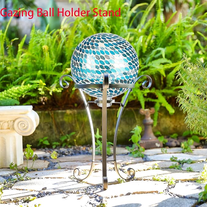 Metal Gazing Globe Stand for 10 or 12 Inch Balls - 17" H Black Outdoor Holder With 3 Stakes for Garden