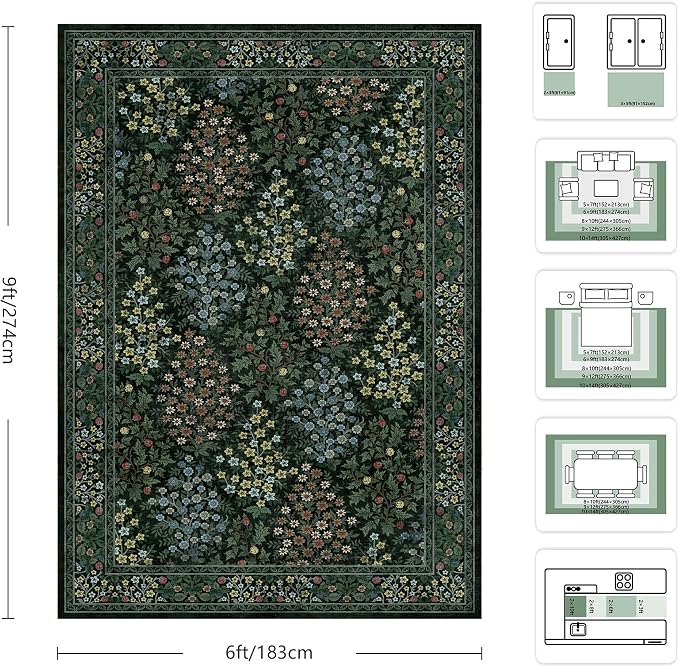 6x9 Area Rugs, Washable Floral Rugs for Living Room, Indoor Area Rug for Bedroom, Dining Room, Low Pile Non-Slip Non Shedding Rug(Dark Green Floral)