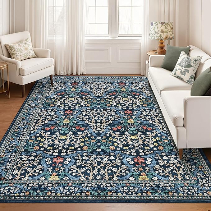 GarveeHome Blue Floral 8x10 Washable Area Rug Living Room Bedroom | Vintage Stain Resistant Rugs for Large Room Low-Pile Non-Slip Carpet Soft Stain Resistant Botanical Boho Rug TPE Backing