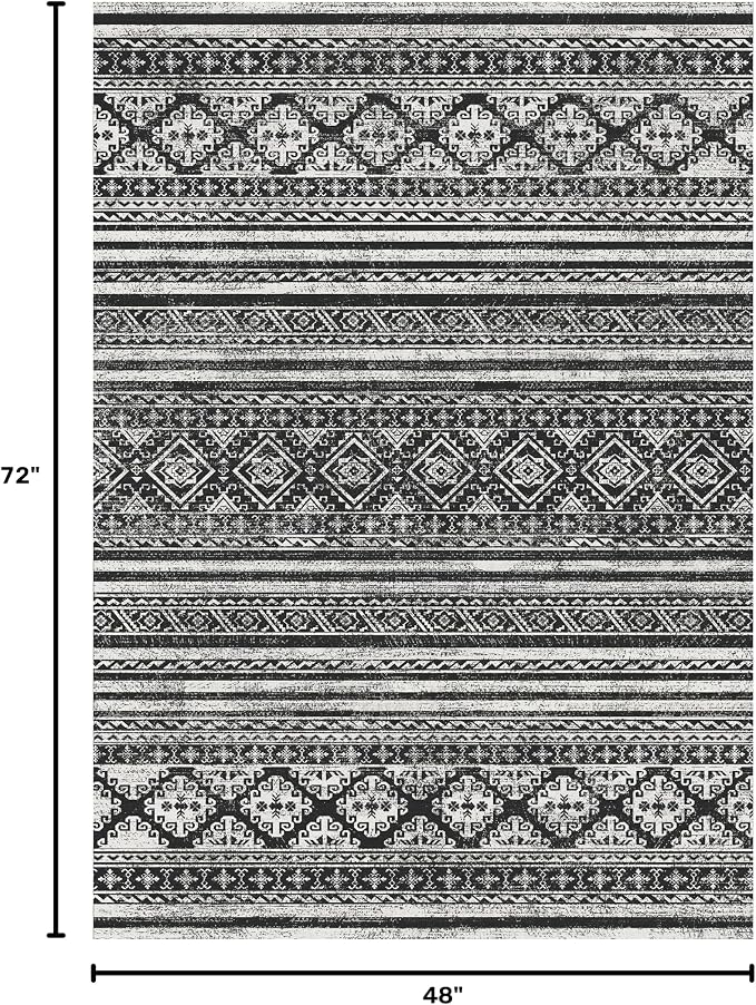 Washable Area Rugs 4' x 6' - 1/6 Thick - Moroccan-Inspired -Stain & Water Resistant Non-Slip - Resistant Rug for Living Room, Bedroom, Nursery, Pet & Child Friendly (Black)