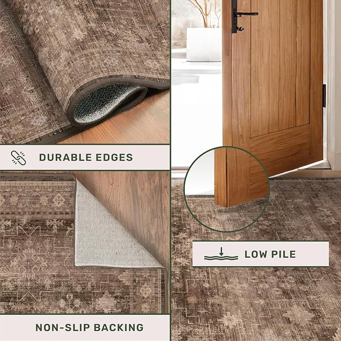 Brown Boho Washable 2x6 Runner Rugs for Hallway Kitchen Bedroom Beside Laundry Room Bathroom Rug, Pet & Kids Friendly, Non Slip Low Pile Stain Resistant Soft Faux Wool Long 24 x 72 Floor Carpet