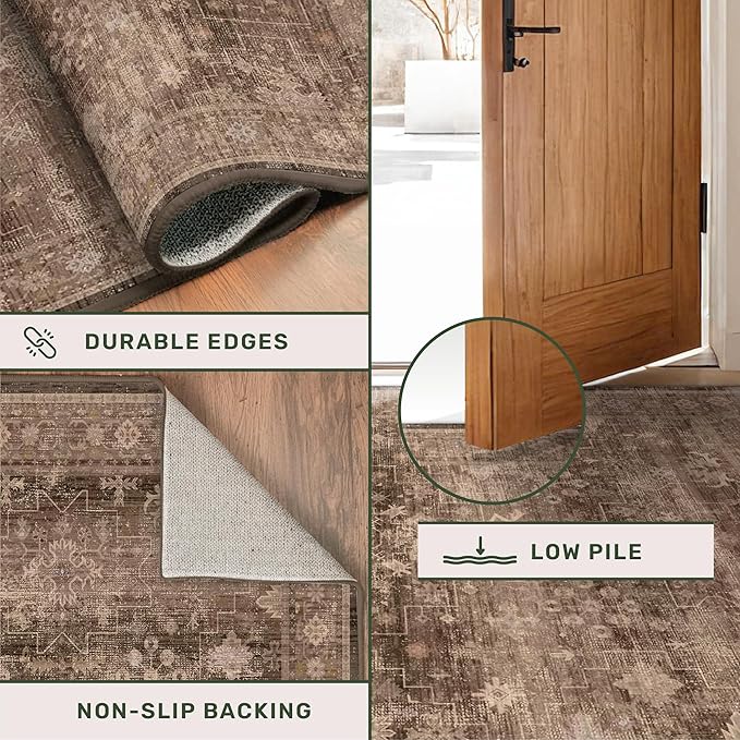 Boho Taupe Brown Living Room Rug 8x10 - Modern Vintage Traditional Eclectic Oriental Neutral, Washable Low Pile Non-Slip Extra Large Area Rugs for Dining Under Table Bedroom Lounge