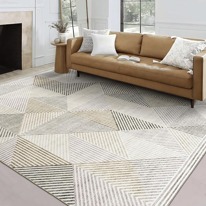 Machine Washable Area Rug Runner - Living Room Bedroom Bathroom Kitchen Entryway Office - Padded Low Pile Stain Resistant Premium - Modern Geometric Contemporary - Miles - Beige 3' x 5'