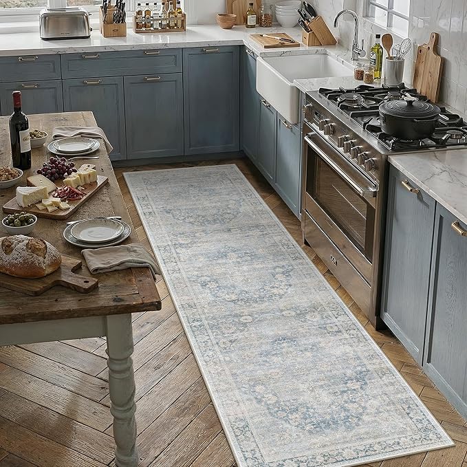 2x8 Blue Farmhouse Runner Rug | Washable, Non Slip, Soft Low Pile, Neutral Vintage, for Hallway Kitchen Laundry Bathroom Bedroom Living Room Home Decor
