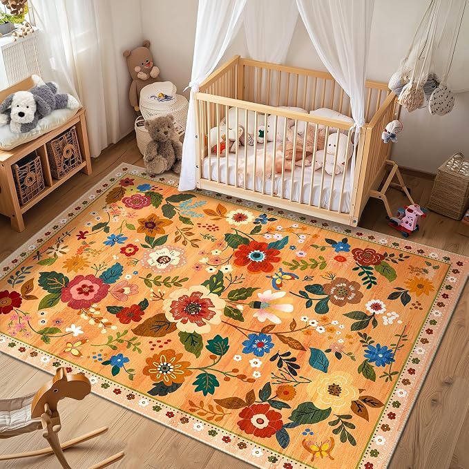 RELEANY Floral Washable 8x10 Area Rugs Orange/Yellow/Red | Flower Carpet, Print, Boho, Non-Slip, Easy to Clean, Soft, Low Pile for Living Room Bedroom Kitchen Office Entryway Hallway